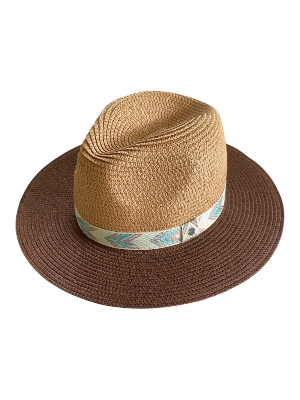 Eddie Bauer Women's Color Block Straw Fedora Sun Hat S/M Boho Chevron Adjustable